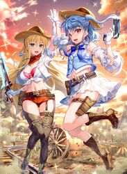  2girls arm_up bare_shoulders black_footwear black_thighhighs blue_vest boots brown_footwear brown_hat commentary_request cowboy_hat detached_sleeves fujima_takuya gloves gun handgun hat high_five high_heel_boots high_heels highres holding holding_gun holding_sword holding_weapon kagamihara_azumi multiple_girls navel pleated_skirt puffy_short_sleeves puffy_sleeves railroad_tracks red_shorts rigel_(z/x) shirt short_shorts short_sleeves shorts skirt sleeveless sleeveless_shirt standing sword thigh_boots thighhighs thighhighs_under_boots tied_shirt vest weapon white_gloves white_shirt white_skirt white_sleeves z/x 