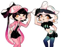  2girls adjusting_eyewear alternate_costume bad_id bad_twitter_id baseball_cap black_dress black_gloves black_hair black_shirt black_shorts blue_pantyhose bow-shaped_hair callie_(splatoon) cephalopod_eyes charamells cowboy_shot cropped_shirt dress eyelashes eyewear_on_head fashion gloves gradient_hair gradient_legwear hand_on_eyewear hand_on_own_hip hat hip_tattoo jacket long_hair long_sleeves looking_at_viewer marie_(splatoon) multicolored_hair multiple_girls octopus_earrings octopus_tattoo open_clothes open_jacket open_mouth pantyhose pink_hair pink_hat pink_jacket pink_pantyhose pointy_ears puffy_short_sleeves puffy_sleeves sharp_teeth shirt short_dress short_hair short_shorts short_sleeves shorts simple_background smile spikes splatoon_(series) stomach sunglasses sweater_jacket teeth tentacle_hair twintails two-tone_headwear very_long_hair white_background white_hair white_hat yellow_eyes zipper 