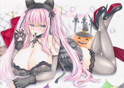  animal_ears animal_hands azur_lane bare_shoulders black_choker black_dress black_nightgown breasts choker cleavage detached_sleeves dress fake_animal_ears female fingerless_gloves gloves halloween high_heels huge_breasts la_galissonniere_(azur_lane) la_galissonniere_(black_cat_of_all_hallows&#039;_eve)_(azur_lane) lace-trimmed_thighhighs long_hair lying marker_(medium) microdress mouth_hold nightgown o-ring_dress official_alternate_costume on_stomach paw_gloves paw_pose pink_eyes pink_hair purplepencil solo stiletto_heels traditional_media very_long_hair 