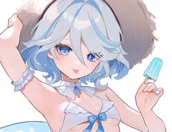  adjusting_clothes adjusting_headwear alternate_costume arm_scrunchie arm_up armpits bikini blue_eyes blue_gemstone blue_hair breasts drop-shaped_pupils female food front-tie_bikini_top front-tie_top furina_(genshin_impact) gem genshin_impact hair_between_eyes hand_up hat heterochromia highres holding holding_food holding_popsicle light_blue_hair looking_at_viewer popsicle rrr_gns_(riuriu_1212) short_hair simple_background small_breasts solo straw_hat swimsuit symbol-shaped_pupils tongue tongue_out upper_body wavy_hair white_background white_bikini 