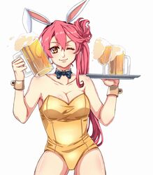  absurdres alcohol animal_ears beer beer_mug bow bowtie commentary commission cup detached_collar double-parted_bangs eiyuu_densetsu english_commentary fake_animal_ears hair_between_eyes hair_bun highleg highleg_leotard highres holding holding_cup holding_tray leotard looking_at_viewer mug one_eye_closed pink_hair playboy_bunny rabbit_ears sara_valestein sen_no_kiseki side_ponytail simple_background single_hair_bun strapless strapless_leotard tray white_background wrist_cuffs yellow_eyes yuzukiyo 