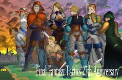  3girls 5boys absurdres agrias_oaks anniversary armor bandana beowulf_cadmus black_shirt blue_footwear breastplate brown_eyes brown_footwear brown_gloves brown_hair brown_pants brown_robe cape cidolfus_orlandeau copyright_name dawn elbow_pads everyone final_fantasy final_fantasy_tactics gauntlets gloves grass green_robe highres holding holding_sword holding_weapon hood knee_pads looking_to_the_side meliadoul_tengille multiple_boys multiple_girls mustadio_bunansa on_floor pants purple_armor ramza_beoulve rapha_galthena red_bandana robe shirt shoulder_pads sitting standing sword titans_4822 weapon white_pants white_shirt yellow_armor yellow_shirt 