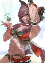  absurdres animal_ears arm_garter armpits beach breasts brown_hair cleavage closed_mouth commentary_request ear_covers female food fruit gentildonna_(umamusume) hair_between_eyes hair_ornament highres horse_ears horse_girl horse_tail looking_at_viewer midriff navel ocean outdoors red_eyes solo standing tail thighs tonariuta umamusume watermelon 