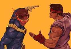  2boys biceps brown_hair cyclops_(x-men) dougi gloves headband imminent_hand_holding marvel multiple_boys muscular muscular_male red_headband ryu_(street_fighter) simple_background smile street_fighter torn_clothes torn_sleeves upper_body x-men x-men_vs._street_fighter yeet_sonny yellow_background yellow_gloves 