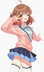  ;d absurdres ahoge ass black_overskirt blue_ribbon blue_skirt blush brown_hair cardigan commentary cz_(mikumikumi) female fingernails gakuen_idolmaster hair_bun hanami_ume hatsuboshi_gakuen_school_uniform highres idolmaster long_sleeves looking_at_viewer nail_polish neck_ribbon one_eye_closed pink_cardigan pleated_skirt ribbon school_uniform shirt simple_background single_side_bun skindentation skirt smile solo thighhighs twisted_torso underbutt w w_over_eye white_background white_shirt white_thighhighs 