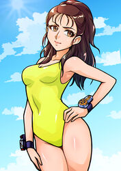  blue_sky bracelet breasts brown_eyes brown_hair casual_one-piece_swimsuit chouriki_sentai_ohranger cloud commentary_request commission covered_navel cowboy_shot female hand_on_own_hip highres jewelry long_hair medium_breasts nijou_juri one-piece_swimsuit pixiv_commission ponytail saika_(pixiv43370196) sky solo super_sentai swimsuit yellow_one-piece_swimsuit 