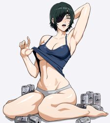  absurdres arm_up armpits asahi_breweries barefoot beer_can black_hair blue_eyes blush breasts can chainsaw_man clothes_lift collarbone drink_can drunk eyepatch female full_body grey_panties highres himeno_(chainsaw_man) large_breasts looking_at_viewer mikey_pie open_mouth panties shirt_lift short_hair simple_background sitting solo tank_top thighs underwear wariza white_background 