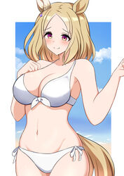  alternate_costume animal_ears arn7 bare_shoulders bikini blonde_hair blue_sky blush border breasts cleavage cloud cloudy_sky commentary_request ear_covers ear_ornament female front-tie_bikini_top front-tie_top gradient_eyes groin highres horse_ears horse_girl horse_tail large_breasts medium_hair multicolored_eyes narita_top_road_(umamusume) navel parted_bangs side-tie_bikini_bottom single_ear_cover sky smile solo swimsuit tail umamusume white_bikini white_border 