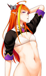  alternate_breast_size arm_behind_head arm_up blunt_bangs bottomless bow braid breast_size_switch brooch commentary female flat_chest hashtag-only_commentary hololive horn_bow horn_ornament horns jewelry kiryu_coco kiryu_coco_(1st_costume) long_hair long_pointy_ears navel noise_(tsuzuki) orange_hair parted_lips pointy_ears purple_eyes shrug_(clothing) side_braid simple_background single_braid solo stomach striped_bow virtual_youtuber white_background 