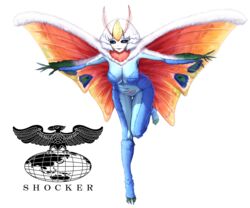  antennae arthropod_girl black_sclera blue_fur blue_skin claws colored_sclera colored_skin commentary cyborg dokugander eidenjyou1997 english_commentary female genderswap_(mtf) green_fur highres insect_wings kaijin kamen_rider kamen_rider_(1st_series) logo monster_girl moth_antennae moth_girl moth_wings rule_63 shocker_(kamen_rider) solo white_background white_fur white_hair white_skin wings 