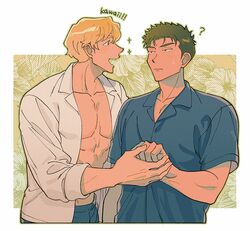  2boys ? abs ao_isami bara black_hair blonde_hair collared_shirt couple cowboy_shot english_text engrish_text facial_hair holding_hands lewis_smith luo_zi male_focus multiple_boys official_alternate_costume pectoral_cleavage pectorals ranguage shirt sideburns_stubble sparkle stubble sweatdrop thick_eyebrows yaoi yuuki_bakuhatsu_bang_bravern 