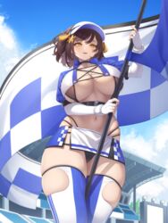  absurdres belt between_legs bikini black_bikini black_choker breasts brown_hair checkered_flag choker cleavage cowboy_shot crop_top elbow_gloves elomil female fingerless_gloves flag gloves hair_ornament hand_up highleg highleg_bikini highres holding holding_flag huge_breasts looking_at_viewer microskirt midriff mole mole_under_eye multi-strapped_bikini_bottom navel open_mouth original revealing_clothes shirt short_hair short_sleeves skindentation skirt smile solo standing stomach string_bikini swimsuit tassel tassel_hair_ornament thighhighs thighs two-tone_skirt two-tone_thighhighs visor_cap white_gloves white_shirt white_skirt white_thighhighs yellow_eyes 