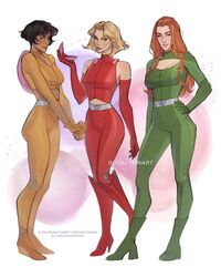  3girls alex_(totally_spies) applying_makeup artist_name bare_shoulders belt black_hair blonde_hair bodysuit breasts clover_(totally_spies) dark-skinned_female dark_skin elbow_gloves gloves green_bodysuit green_footwear hand_on_own_hip high_heels highres long_hair makeup medium_breasts multiple_girls orange_hair red_bodysuit red_footwear rosalynnart sam_(totally_spies) short_hair smile totally_spies whoop_catsuit yellow_bodysuit 