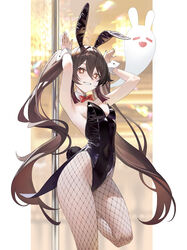  absurdres armpits arms_up black_leotard boo_tao_(genshin_impact) bow bowtie brown_hair chungla commentary detached_collar female fishnet_pantyhose fishnets flower flower-shaped_pupils genshin_impact ghost hair_between_eyes highres hu_tao_(genshin_impact) leotard long_hair looking_at_viewer pantyhose playboy_bunny red_bow red_bowtie red_eyes smile solo strapless strapless_leotard symbol-shaped_pupils twintails 