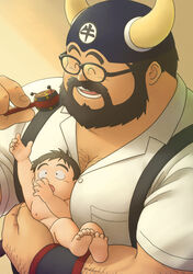  2boys ^_^ absurdres baby_carry bara beard between_pectorals black-framed_eyewear black_eyes black_hair black_helmet carrying chest_hair_peek closed_eyes commentary_request dragon_ball dragon_ball_z facial_hair fake_horns fatherly full_beard glasses grandfather_and_grandson gyuu_mao head_between_pecs helmet highres horned_headwear horned_helmet horns large_pectorals long_hair male_focus mature_male multiple_boys muscular muscular_male norijaga open_mouth pectoral_cleavage pectoral_press pectorals short_hair smile son_gohan teeth thick_arm_hair thick_beard thick_eyebrows three_quarter_view 