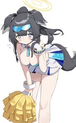  absurdres animal_ears bare_shoulders black_hair blue_archive blush breasts cheerleader cleavage closed_mouth dog_ears dog_girl dog_tail eyewear_on_head female gloves goggles goggles_on_head grey_eyes halo haruteru hibiki_(blue_archive) hibiki_(cheer_squad)_(blue_archive) highres holding holding_pom_poms leaning_forward long_hair looking_at_viewer medium_breasts millennium_cheerleader_outfit_(blue_archive) miniskirt official_alternate_costume pleated_skirt pom_pom_(cheerleading) ponytail simple_background skirt solo star_sticker sticker sticker_on_arm sweatdrop tail white_background white_skirt yellow_halo 