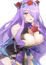  after0217 black_dress black_horns black_panties breasts camilla_(fire_emblem) camilla_(resplendent)_(fire_emblem) cleavage cleavage_cutout clothing_cutout dress fake_horns female fire_emblem fire_emblem_fates fire_emblem_heroes flower gloves hair_flower hair_ornament hair_over_one_eye highres horns large_breasts lips long_hair looking_at_viewer official_alternate_costume one_eye_covered panties parted_lips pink_eyes pink_lips plant purple_gloves purple_hair red_flower red_rose rose second-party_source simple_background solo thorns underwear very_long_hair vines white_background 