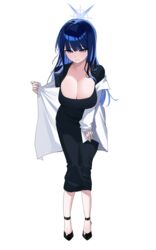  absurdres alternate_costume black_dress black_footwear black_hair blue_archive blue_eyes blue_hair blue_halo blush breasts cleavage closed_mouth collarbone colored_inner_hair dongtan_dress dress female full_body halo highres jacket korean_commentary large_breasts long_hair long_sleeves magya416 meme_attire multicolored_hair open_clothes open_jacket saori_(blue_archive) shoes simple_background solo white_background white_jacket 