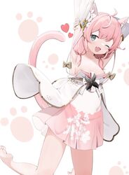  ;d absurdres ahoge animal_ear_fluff animal_ears armpits arms_up bare_legs bare_shoulders barefoot blue_eyes blush bow breasts cat_ears cat_girl cat_tail collarbone detached_sleeves dress female foot_out_of_frame hair_ornament haruteru heart highres holding_own_arm indie_virtual_youtuber kneeling looking_at_viewer medium_hair oerba_yun_fang one_eye_closed open_mouth paw_print pink_hair sakurada_hane see-through see-through_dress see-through_sleeves short_dress simple_background skin_fang small_breasts smile soles solo strapless strapless_dress stretching tail toes twintails virtual_youtuber white_background white_dress white_sleeves 