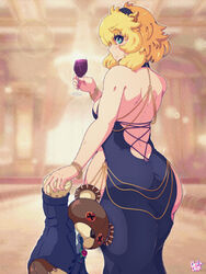  alternate_costume aqua_eyes artbenbeau ass black_dress blonde_hair breasts bridget chains cup dress drinking_glass female guilty_gear guilty_gear_strive highres holding holding_cup looking_back meme_attire modakawa_dress roger_(guilty_gear) sideboob smile solo standing stuffed_animal stuffed_toy teddy_bear wine_glass 