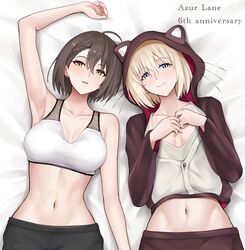  2girls ahoge animal_hood arm_up armpits azur_lane baltimore_(after-school_ace)_(azur_lane) baltimore_(azur_lane) bare_arms bare_shoulders bataan_(azur_lane) bataan_(comfy_cotton_jammies)_(azur_lane) bed_sheet blonde_hair blue_eyes brown_hair commentary_request crop_top highres hood hoodie jakqbigone long_hair looking_at_viewer lying midriff multiple_girls navel on_back parted_lips short_hair smile sports_bra stomach upper_body white_sports_bra yellow_eyes 