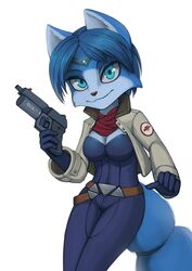  2022 anthro blue_body blue_eyes blue_fur bodysuit canid canine clothing female fox fur gabbslines gun hi_res krystal_(star_fox) looking_at_viewer mammal nintendo ranged_weapon simple_background skinsuit solo star_fox tight_clothing uniform weapon white_background white_body white_fur 