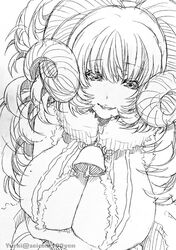  bell breasts curled_horns female fur_collar fur_trim greyscale hair_between_eyes horns isamu-ki_(yuuki) large_breasts long_hair looking_at_viewer monochrome open_mouth original sheep_horns simple_background smile solo teeth traditional_media twitter_username white_background 