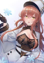  azur_lane black_gloves black_legwear black_leotard breasts chinese_commentary cleavage coat collarbone crossed_bangs earrings female fur_trim gloves hair_between_eyes hair_over_breasts hair_over_one_breast hand_up hat highres jewelry large_breasts leotard long_bangs long_hair long_sleeves off_shoulder open_mouth red_hair shadow sking snowflakes snowing solo teeth upper_teeth_only volga_(azur_lane) white_coat wide_sleeves yellow_eyes 