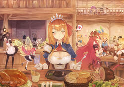  6+girls ahoge anger_vein animal_ears apron ascot basket black_hair blonde_hair blush bow bread_bun breasts brown_hair carrot cat_ears cat_girl chest_strap chicken_(food) cleavage cleo_(dragalia_lost) closed_eyes collared_shirt commentary cup detached_sleeves dragalia_lost eating elbow_gloves elf elisanne euden fairy fairy_wings fingerless_gloves food fork gloves green_eyes hairbow heart holding holding_fork holding_tray horns indoors karyl_(princess_connect!) kokkoro_(princess_connect!) lantern large_breasts long_hair luca_(dragalia_lost) maid_headdress meat melody_(dragalia_lost) mini_person minigirl mitsuba_(dragalia_lost) multiple_girls mym_(dragalia_lost) neck_ribbon nose_blush notte_(dragalia_lost) onigiri open_mouth orange_hair pecorine_(princess_connect!) pink_hair plate pointy_ears ponytail princess_connect! puffy_short_sleeves puffy_sleeves purple_hair ranzal_(dragalia_lost) red_eyes red_hair restaurant ribbon salad shadow2810 shirt short_hair short_sleeves sitting sleeveless sleeveless_shirt smile socks solo_focus speech_bubble spoken_heart steak table tavern thighhighs tiara tray tripping twintails underbust valerio_(dragalia_lost) very_long_hair waitress white_hair wings wrist_cuffs zethia 