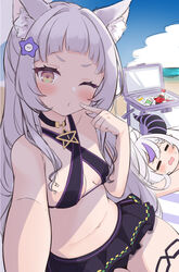  2girls animal_ear_fluff animal_ears bare_shoulders beach bikini bikini_skirt black_bikini black_choker breasts cat_ears choker closed_eyes cocozasa commentary criss-cross_halter demon_horns hair_ornament hairclip halterneck highres hololive horns la+_darknesss long_hair multicolored_hair multiple_girls murasaki_shion murasaki_shion_(hololive_summer_2019) navel one_eye_closed outdoors pentagram small_breasts star_(symbol) star_hair_ornament stomach streaked_hair swimsuit unfinished virtual_youtuber white_hair yellow_eyes 