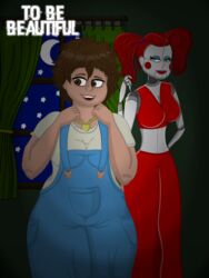  3:4 absurd_res animatronic brown_hair circus_baby_(fnaf) clothed clothing crescent_moon crop_top dark_room duo eleanor_(fnaf) fazbear&#039;s_fright female female/female five_nights_at_freddy&#039;s hair heart_necklace hi_res human humanoid jewelry machine mammal moon moopsart necklace overalls red_cheeks red_hair robot robot_humanoid sarah_(fnaf) scottgames shirt star thick_thighs to_be_beautiful topwear wide_hips window 