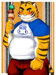  2008 3:4 anthro belly big_belly blush bottomwear clothing dessert felid food humanoid_hands ice_cream kemono male mammal overweight overweight_male pantherine pants pink_nose shirt solo takezamurai tiger topwear white_body yellow_body 