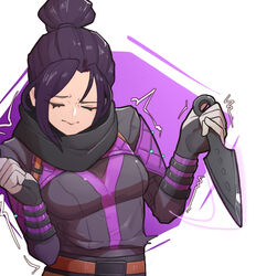  animification apex_legends black_hair black_scarf breasts closed_eyes female hair_behind_ear hair_bun highres holding holding_knife hope&#039;s_dusk_(apex_legends) kellila93 knife kunai medium_breasts parted_bangs scarf single_hair_bun solo trembling weapon wraith_(apex_legends) 