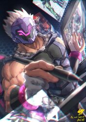  1boy armor artist_glove artist_name bara biceps check_copyright chest_armor copyright_request dai-xt dark-skinned_male dark_skin gauntlets gloves helmet highres logo male_focus muscular muscular_male no_nipples original pectorals spiked_hair stylus table thick_arms white_hair 