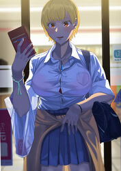  absurdres bag black_bean blonde_hair blush bra bra_visible_through_clothes bracelet brown_eyes button_gap buying_condoms cellphone collared_shirt commentary_request condom_box convenience_store dress_shirt female highres holding holding_phone jewelry looking_at_viewer necklace open_mouth original outdoors phone pleated_skirt red_bra school_bag shirt shop shopping_bag short_hair skirt sleeves_rolled_up smartphone smartphone_case solo standing storefront tied_sweater underwear uniform white_shirt window 