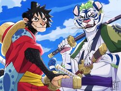  4:3 alternate_species anthro clothing duo felid furrification green_hair hair haplorhine hat headgear headwear kimboltart male mammal monkey monkey_d._luffy one_piece pantherine primate roronoa_zoro scar tiger weapon 