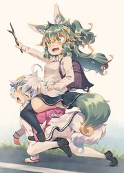  2girls all_fours animal_ear_fluff animal_ears backpack bag black_thighhighs brown_hair commentary_request green_eyes green_hair green_tail highres holding holding_stick kuromiya kuromiya_raika_(kuromiya) long_hair multicolored_hair multiple_girls oerba_yun_fang one_eye_closed open_mouth original panties pantyhose pony_play randoseru riding shiromiya_asuka_(kuromiya) short_hair sitting sitting_on_person stick thighhighs tongue tongue_out two-tone_hair underwear white_pantyhose 