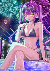  aerial_fireworks bikini black_bikini blush breasts cityscape crossed_legs demon_tail ear_piercing fangs female fireworks green_eyes hair_ornament hairpin heart heart-shaped_eyewear highleg highleg_bikini highres hiiragi_melt hololive long_hair looking_at_viewer medium_breasts navel navel_piercing night night_sky piercing pink_hair sky smile solo star_(sky) swimsuit tail tokoyami_towa twintails virtual_youtuber 