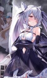  3girls acchii_(akina) azur_lane bare_shoulders between_breasts blue_dress blush breasts check_commentary closed_mouth clothing_cutout commentary_request dress elbow_gloves gloves grey_hair hair_over_one_eye highres kiev_(azur_lane) kiev_(backstreet_silver_sonata)_(azur_lane) long_hair looking_at_viewer multiple_girls navel_cutout necktie necktie_between_breasts official_alternate_costume petticoat red_eyes small_breasts soobrazitelny_(azur_lane) standing twintails very_long_hair volga_(azur_lane) white_necktie 