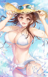  :d bikini blue_sky breasts brown_eyes brown_hair cameltoe cleavage cloud collarbone commentary_request day eyewear_on_head female hat hat_ribbon highres hoshina_tomoko hozumi_kaoru large_breasts long_hair looking_at_viewer open_mouth outdoors ribbon sarong side-tie_bikini_bottom sidelocks sky smile solo stomach straw_hat sun_hat sunglasses swimsuit teeth thighs to_heart to_heart_(series) underboob upper_teeth_only wading water_drop watermark white_bikini 