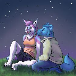  1:1 2020 4_toes anthro barefoot blue_body blue_fur bottomwear breasts canid canine canis clothed clothing detailed_background digital_media_(artwork) domestic_dog duo feet female fur grass hi_res kneeling looking_up male mammal marjani marjani_(character) night open_mouth outside pants plant shirt shorts sitting sky smile star starry_sky tank_top teeth toes tongue topwear wolf 