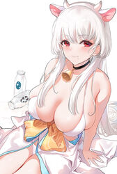  animal_ears arm_support bell bikini bottle breasts cleavage collar collarbone commentary cow_ears cow_horns dated_commentary emyo eyes_visible_through_hair fake_animal_ears fake_horns female glass_bottle headband horns huge_breasts japanese_clothes kimono long_hair milk_bottle mole mole_under_mouth neck_bell original red_eyes simple_background sitting skindentation smile solo spill spilled_milk swimsuit unworn_kimono white_background white_bikini white_hair white_kimono 