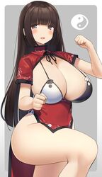  blush bra breasts brown_eyes brown_hair chinese_clothes cleavage clenched_hands female fighting_stance hands_up highres hime_cut large_breasts long_hair mukuba open_mouth original solo thighhighs underwear very_long_hair yin_yang 