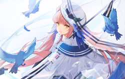  arknights bird capelet ceylon_(arknights) closed_mouth feather_hair feathers female gloves hat highres long_hair looking_to_the_side nahonanaho pink_hair solo transparent transparent_umbrella umbrella yellow_eyes 