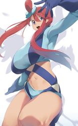  blue_eyes breasts crop_top cropped_jacket female hair_bun hair_ornament highres kamaboko_(ossann0125) large_breasts midriff navel pokemon pokemon_bw red_hair short_shorts shorts simple_background single_hair_bun skyla_(pokemon) solo thick_thighs thighs white_background 