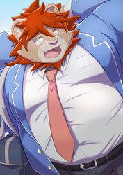  2022 absurd_res anthro belly big_belly bottomwear clothing felid hi_res kemono lifewonders lion male mammal nazebesu_hobby necktie overweight overweight_male pantherine pants pink_nose shirt solo tokyo_afterschool_summoners topwear vapula_(tas) 