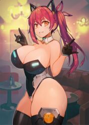  animal_ears black_gloves black_thighhighs blush bottle breasts cat_ears cleavage commission couch detached_collar female gloves hair_ribbon hands_up harusame-r headgear large_breasts leotard long_hair looking_at_viewer new_(lk) original parted_lips red_hair ribbon skeb_commission solo table thighhighs twintails wine_bottle yellow_eyes 