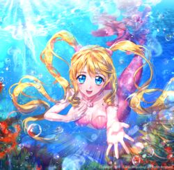  :d air_bubble armlet artist_name bare_shoulders blonde_hair blue_eyes breasts bubble cleavage collarbone commentary drill_hair drill_sidelocks female full_body hair_between_eyes hair_ornament hand_on_own_chest highres hyuding_(hhgy0925) jellyfish jewelry lens_flare light_rays long_hair looking_at_viewer mermaid mermaid_melody_pichi_pichi_pitch midriff monster_girl nanami_lucia nanami_lucia_(mermaid) necklace open_mouth outstretched_arm shell shell_bikini shell_necklace sidelocks small_breasts smile solo teeth twintails underwater upper_teeth_only watermark 