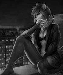  2020 5:6 5_fingers anthro black_nose breasts canid canine cigarette clothed clothing detailed_background digital_media_(artwork) elvofirida eyebrows eyelashes female fingers fur hair hi_res mammal monochrome night on_roof outside solo text url 