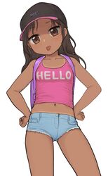  :p backpack bag baseball_cap black_headwear breasts brown_eyes brown_hair clenched_hands clothes_writing cutoffs dark-skinned_female dark_skin denim denim_shorts female hands_on_hips hat long_hair looking_at_viewer midriff navel omodaka_(nitera1041) original pink_tank_top randoseru short_shorts shorts simple_background small_breasts solo tank_top thighs tongue tongue_out white_background 